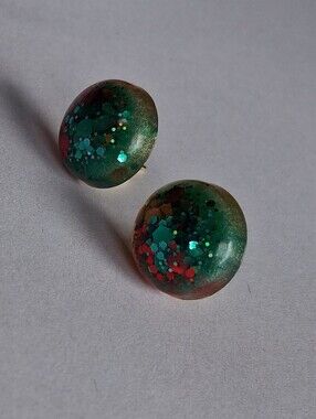 Hand Crafted Green and Red Glitter Dome Earrings